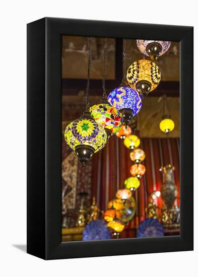 Qatar, Doha, Souq Waqif, Redeveloped Bazaar Area, Traditional Lamps-Walter Bibikow-Framed Premier Image Canvas