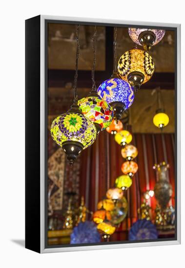 Qatar, Doha, Souq Waqif, Redeveloped Bazaar Area, Traditional Lamps-Walter Bibikow-Framed Premier Image Canvas