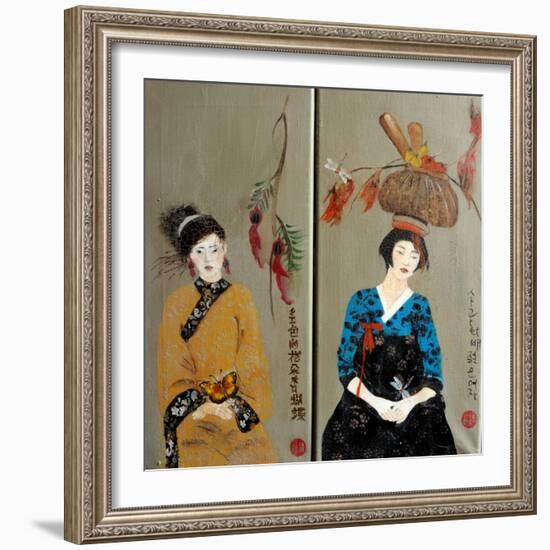 Qing Dynasty women with flowers and Koren women with Basket-Susan Adams-Framed Giclee Print