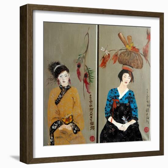 Qing Dynasty women with flowers and Koren women with Basket-Susan Adams-Framed Giclee Print