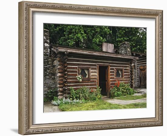 Quaint Log Cabin with Stone Chimney, Fort Boonesborough, Kentucky, USA-Dennis Flaherty-Framed Photographic Print