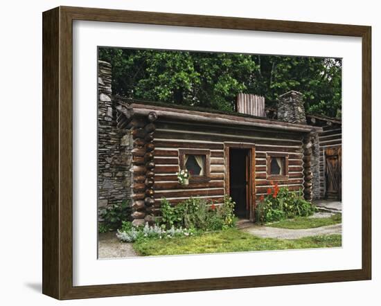 Quaint Log Cabin with Stone Chimney, Fort Boonesborough, Kentucky, USA-Dennis Flaherty-Framed Photographic Print