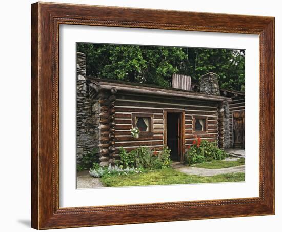 Quaint Log Cabin with Stone Chimney, Fort Boonesborough, Kentucky, USA-Dennis Flaherty-Framed Photographic Print