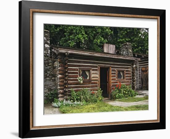 Quaint Log Cabin with Stone Chimney, Fort Boonesborough, Kentucky, USA-Dennis Flaherty-Framed Photographic Print