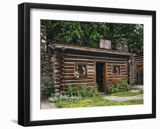 Quaint Log Cabin with Stone Chimney, Fort Boonesborough, Kentucky, USA-Dennis Flaherty-Framed Photographic Print