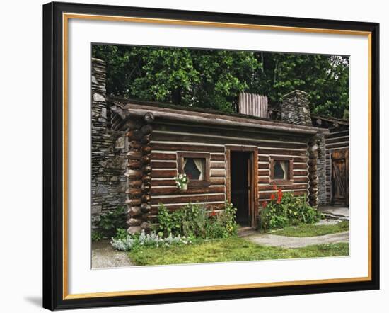 Quaint Log Cabin with Stone Chimney, Fort Boonesborough, Kentucky, USA-Dennis Flaherty-Framed Photographic Print