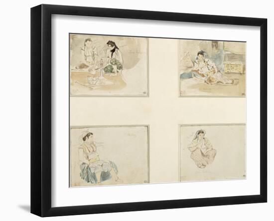 Quatre dessins; études pour "Les Femmes d'Alger" ; deux femmes arabes assises;femme arabe assise-Eugene Delacroix-Framed Giclee Print