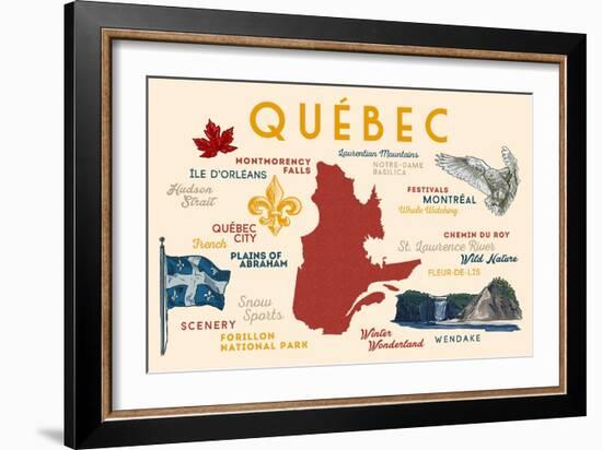 Quebec, Canada - Typography and Icons-Lantern Press-Framed Art Print