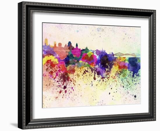 Quebec Skyline in Watercolor Background-paulrommer-Framed Art Print