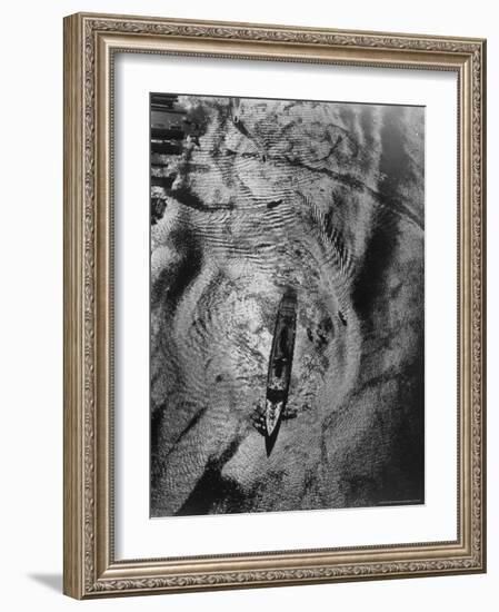 Queen Elizabeth Being Nosed Into Her Berth on Hudson River seen from Helicopter on Ocean Liner-Margaret Bourke-White-Framed Photographic Print