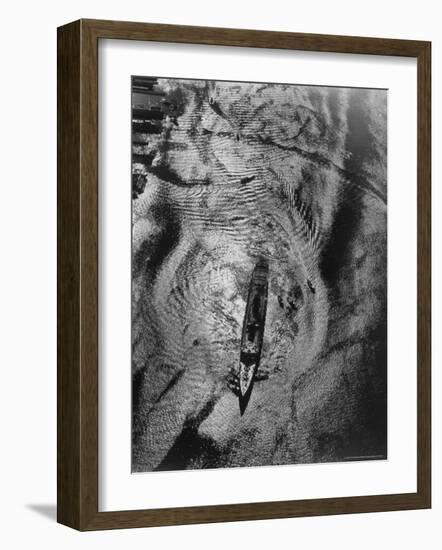 Queen Elizabeth Being Nosed Into Her Berth on Hudson River seen from Helicopter on Ocean Liner-Margaret Bourke-White-Framed Photographic Print