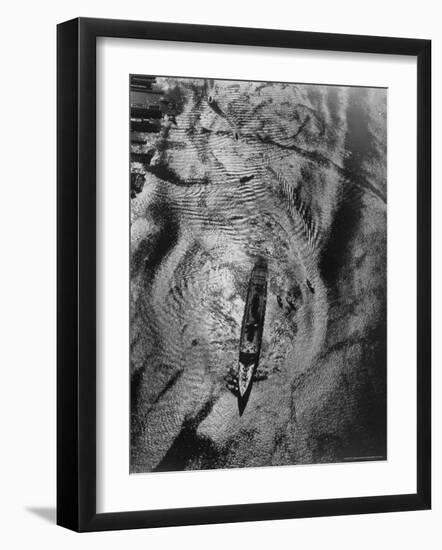 Queen Elizabeth Being Nosed Into Her Berth on Hudson River seen from Helicopter on Ocean Liner-Margaret Bourke-White-Framed Photographic Print