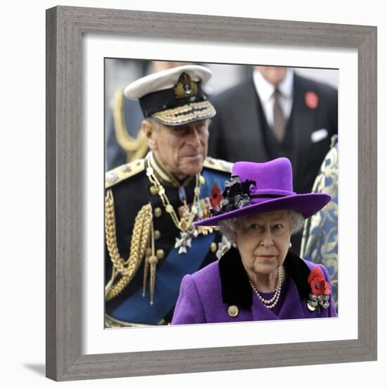 Queen Elizabeth II and Prince Philip Arrive for Remembrance Day Service, Westminster Abbey, London-null-Framed Photographic Print