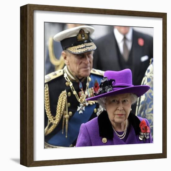 Queen Elizabeth II and Prince Philip Arrive for Remembrance Day Service, Westminster Abbey, London-null-Framed Photographic Print