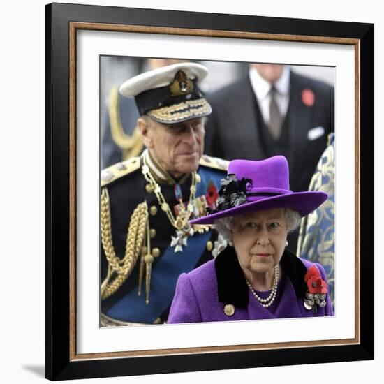 Queen Elizabeth II and Prince Philip Arrive for Remembrance Day Service, Westminster Abbey, London-null-Framed Photographic Print