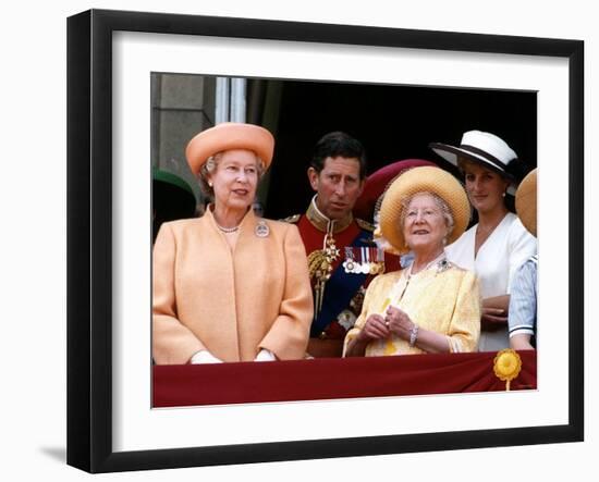 Queen Elizabeth II, Prince Charles and Princess Diana at Buckingham Palace-null-Framed Photographic Print
