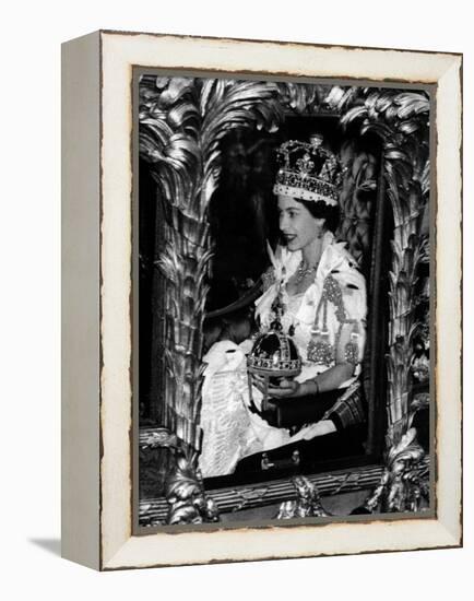 Queen Elizabeth II Riding Along in the Coronation Coach Wearing Crown and Carrying Orb-null-Framed Premier Image Canvas