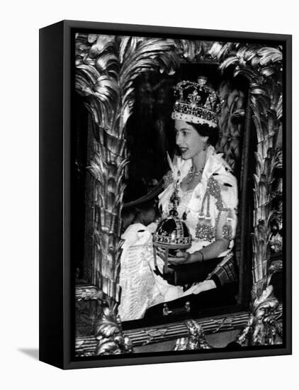 Queen Elizabeth II Riding Along in the Coronation Coach Wearing Crown and Carrying Orb-null-Framed Premier Image Canvas