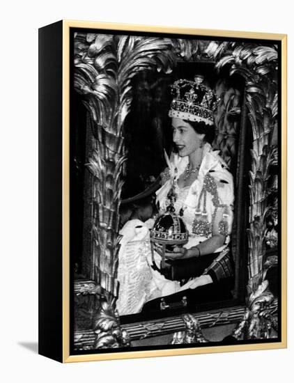 Queen Elizabeth II Riding Along in the Coronation Coach Wearing Crown and Carrying Orb-null-Framed Premier Image Canvas