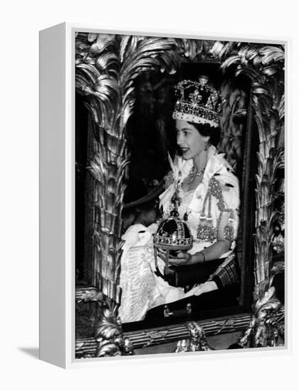 Queen Elizabeth II Riding Along in the Coronation Coach Wearing Crown and Carrying Orb-null-Framed Premier Image Canvas