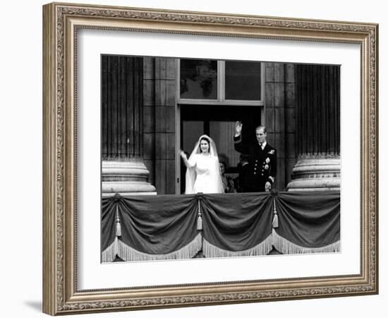 Queen Elizabeth Ii Wedding, the Couple Wave from the Balcony-Associated Newspapers-Framed Photo