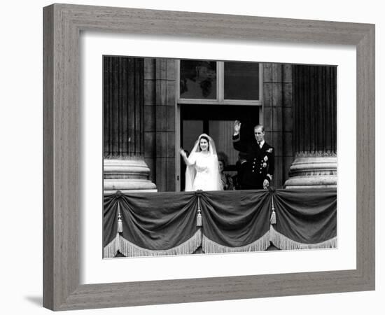 Queen Elizabeth Ii Wedding, the Couple Wave from the Balcony-Associated Newspapers-Framed Photo