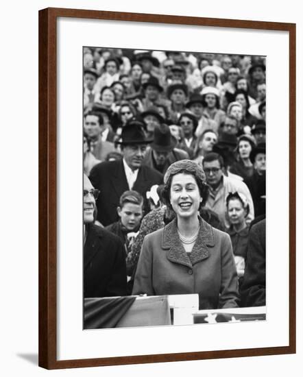 Queen Elizabeth Sitting Gleefully Watching University of Maryland vs. University of North Carolina-Alfred Eisenstaedt-Framed Premium Photographic Print