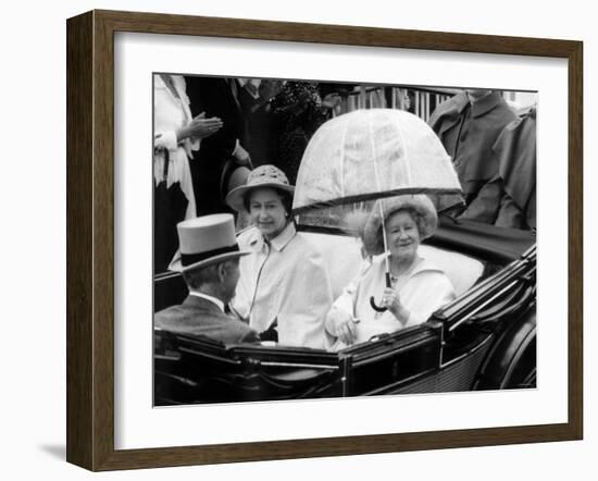 Queen Mother Riding Down the Course with the Queen in an Open Top Carriage in the Ascot Procession-null-Framed Photographic Print