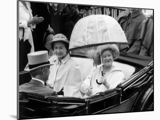 Queen Mother Riding Down the Course with the Queen in an Open Top Carriage in the Ascot Procession-null-Mounted Photographic Print