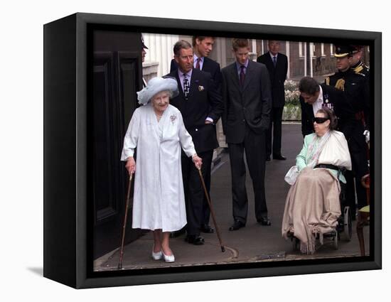 Queen Mother waves on her 101 birthday watched by Princess Margaret in wheelchair and Prince Charle-null-Framed Premier Image Canvas