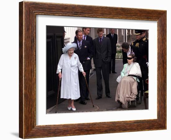 Queen Mother waves on her 101 birthday watched by Princess Margaret in wheelchair and Prince Charle-null-Framed Photographic Print