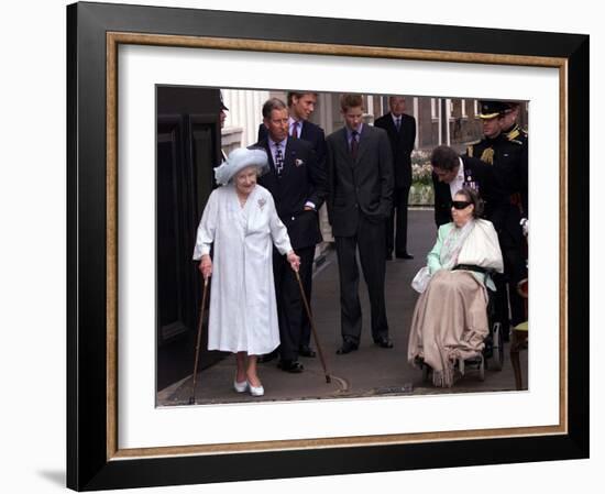 Queen Mother waves on her 101 birthday watched by Princess Margaret in wheelchair and Prince Charle-null-Framed Photographic Print
