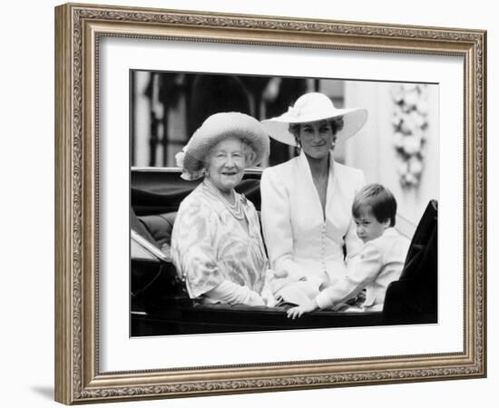 Queen Mother with Princess Diana and Prince William in an open carriage-null-Framed Photographic Print