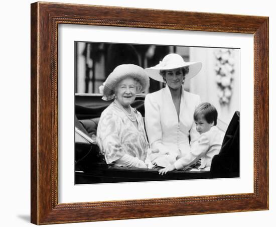 Queen Mother with Princess Diana and Prince William in an open carriage-null-Framed Photographic Print