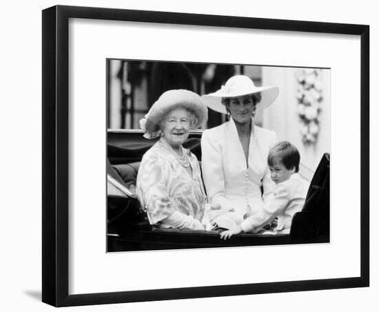 Queen Mother with Princess Diana and Prince William in an open carriage-null-Framed Photographic Print