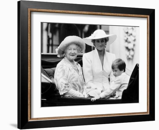 Queen Mother with Princess Diana and Prince William in an open carriage-null-Framed Photographic Print