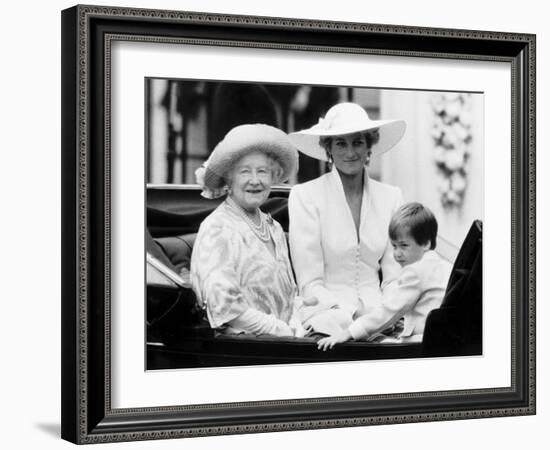 Queen Mother with Princess Diana and Prince William in an open carriage-null-Framed Photographic Print