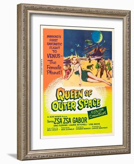 QUEEN OF OUTER SPACE, foreground: Zsa Zsa Gabor on poster art, 1958-null-Framed Art Print