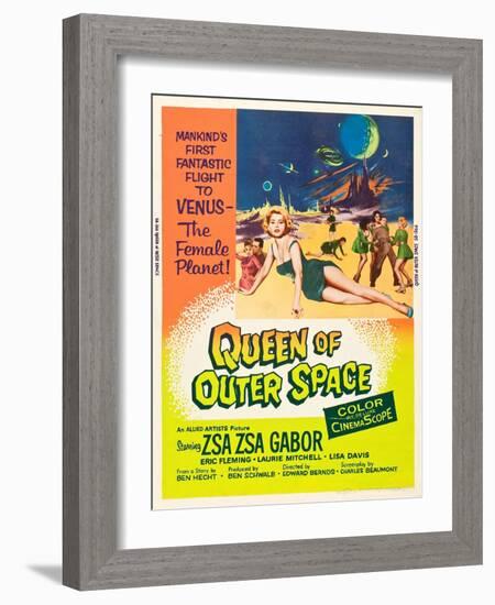 QUEEN OF OUTER SPACE, foreground: Zsa Zsa Gabor on poster art, 1958-null-Framed Art Print