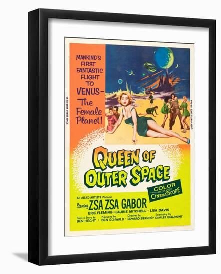 QUEEN OF OUTER SPACE, foreground: Zsa Zsa Gabor on poster art, 1958-null-Framed Art Print