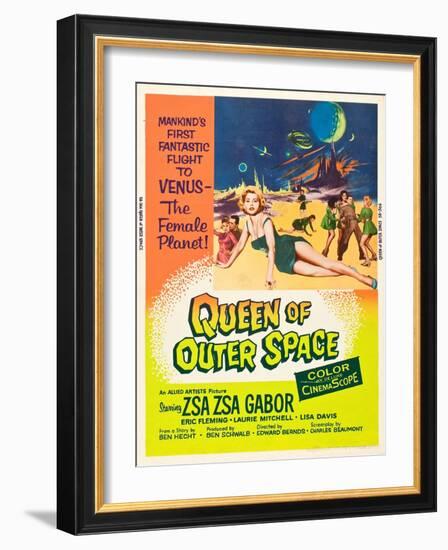 QUEEN OF OUTER SPACE, foreground: Zsa Zsa Gabor on poster art, 1958-null-Framed Art Print