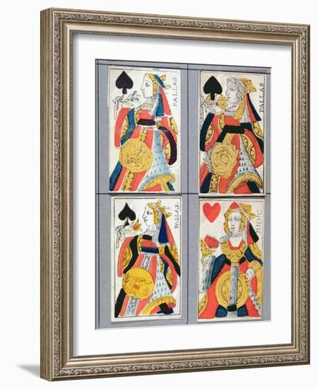 Queen of Spades and Queen of Hearts Playing Cards, 17th - 18th Century (Coloured Wood Engraving)-French-Framed Giclee Print