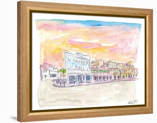 Queen St Front St Scene in Hamilton Bermuda at Sunset-M. Bleichner-Framed Stretched Canvas