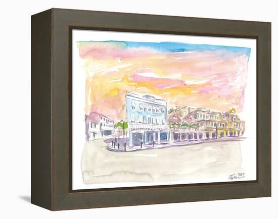 Queen St Front St Scene in Hamilton Bermuda at Sunset-M. Bleichner-Framed Stretched Canvas