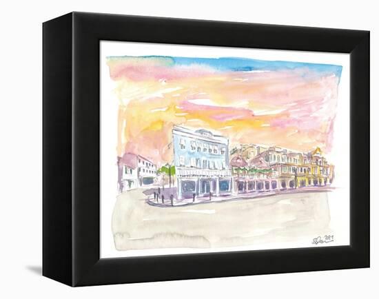 Queen St Front St Scene in Hamilton Bermuda at Sunset-M. Bleichner-Framed Stretched Canvas