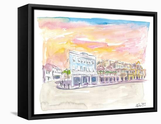 Queen St Front St Scene in Hamilton Bermuda at Sunset-M. Bleichner-Framed Stretched Canvas