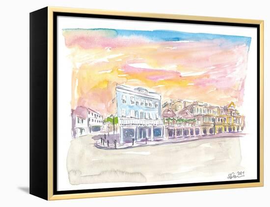 Queen St Front St Scene in Hamilton Bermuda at Sunset-M. Bleichner-Framed Stretched Canvas