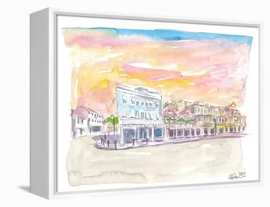 Queen St Front St Scene in Hamilton Bermuda at Sunset-M. Bleichner-Framed Stretched Canvas