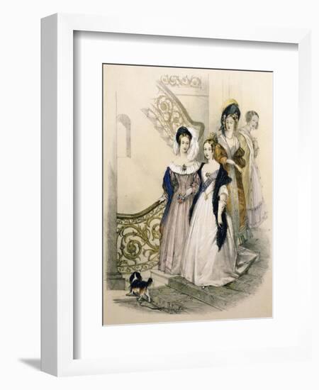 Queen Victoria on a Staircase with Ladies in Waiting. Published by Ackermann, 1837-null-Framed Giclee Print