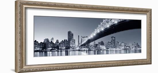 Queensboro Bridge over New York City East River Black and White at Night with River Reflections And-Songquan Deng-Framed Photographic Print